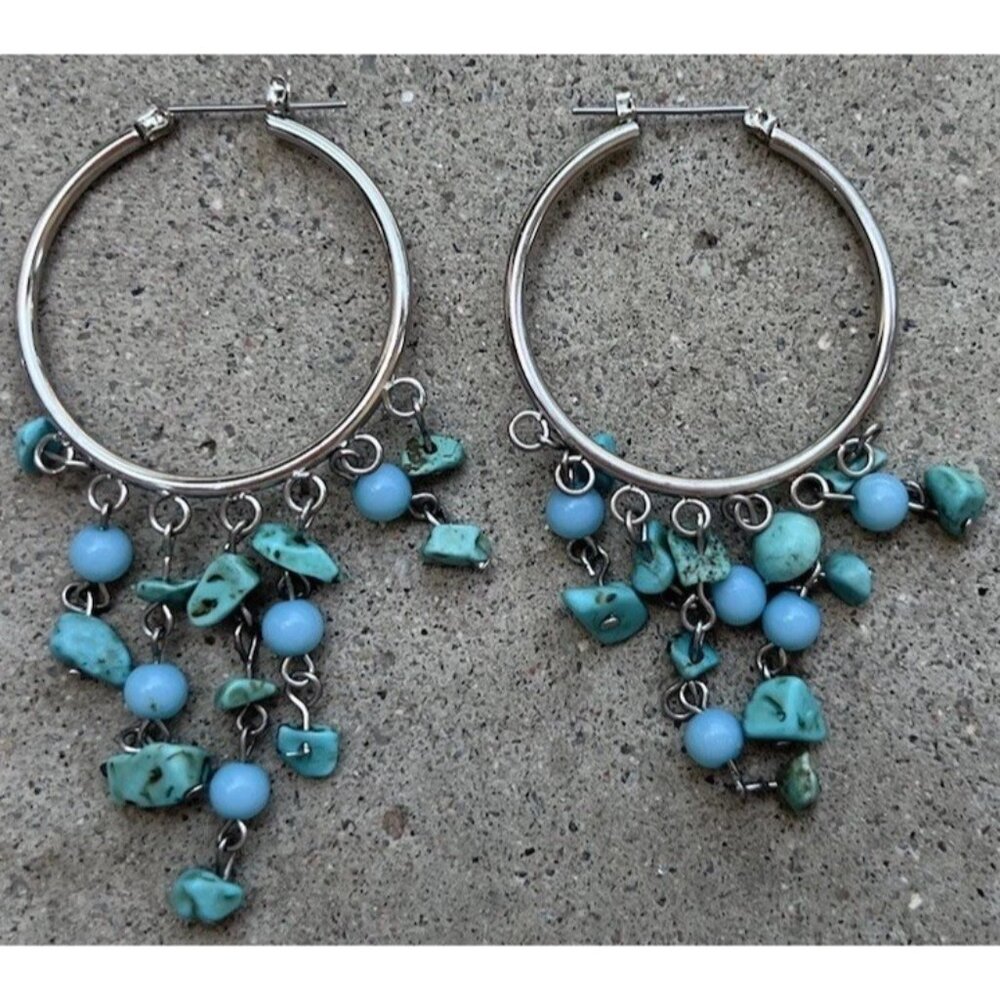 Vintage Silver Hoop Earrings w/Blue & Turquoise Ball Bead Chunks Dangles